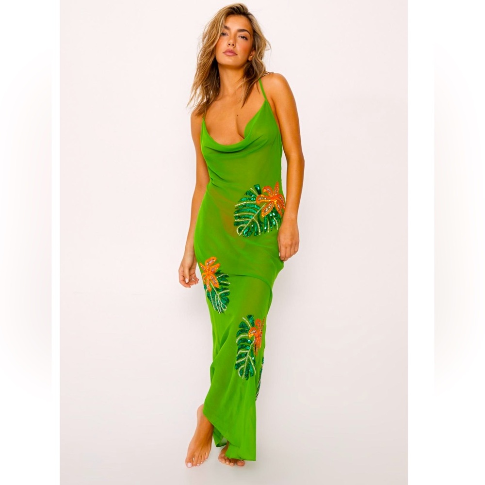 Tropical Palm Embellished Cowl Maxi Dress